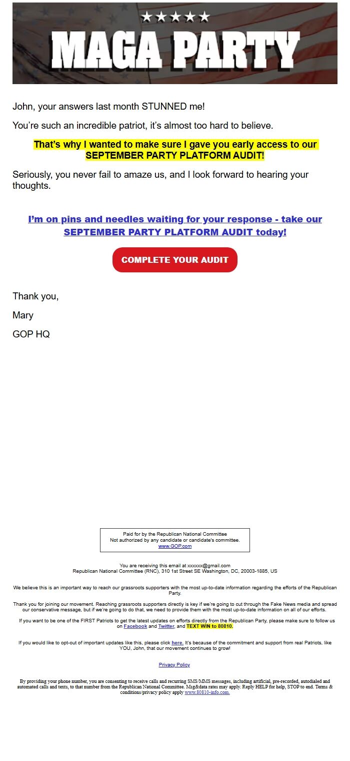 Screenshot of the email generated on import
