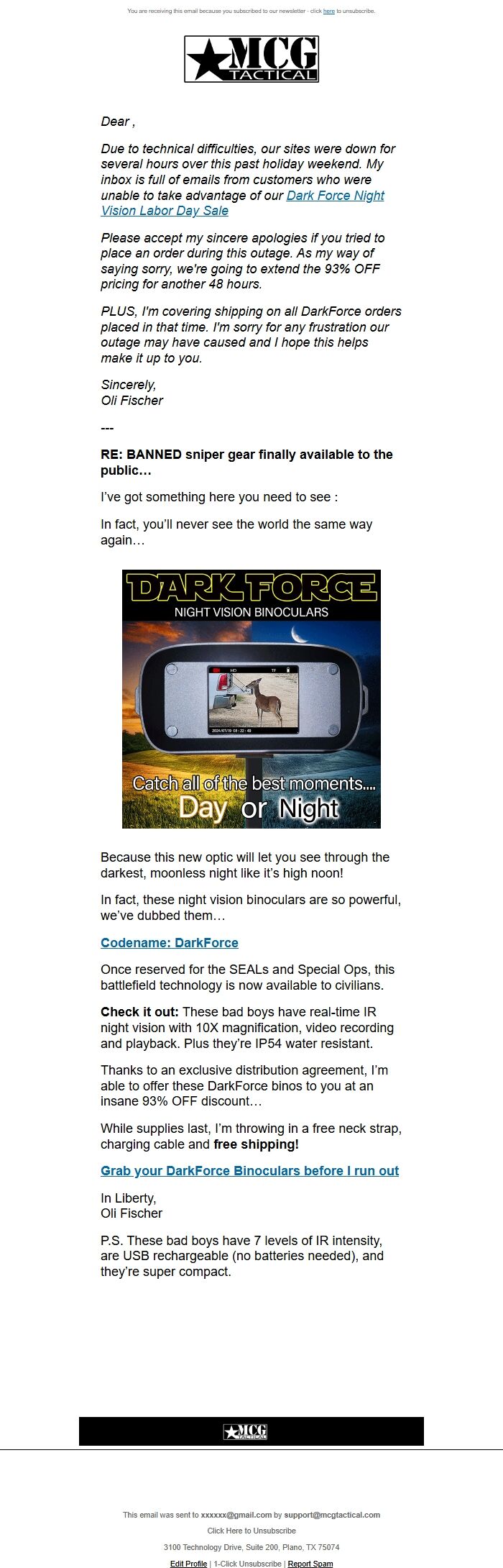 Screenshot of the email generated on import