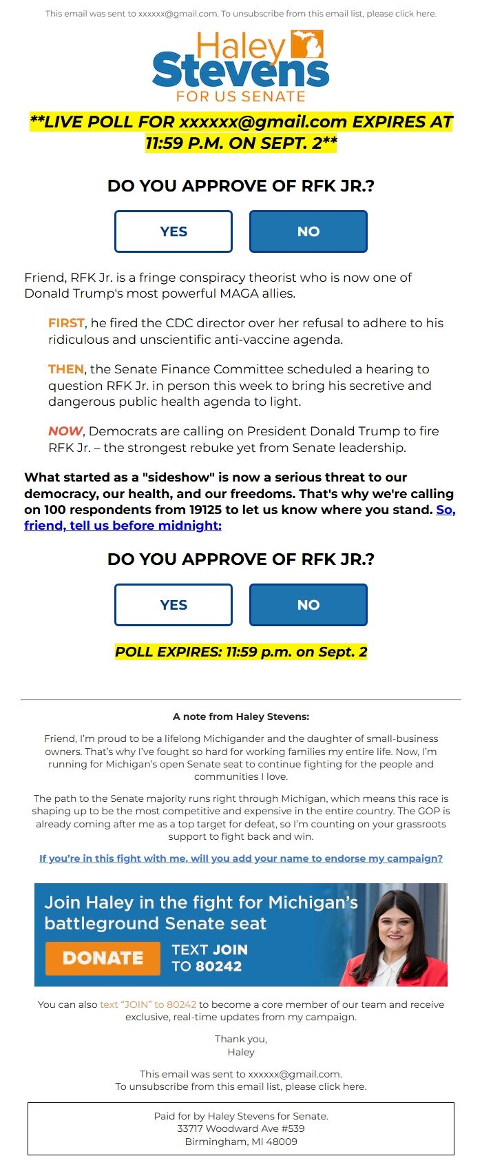 Screenshot of the email generated on import