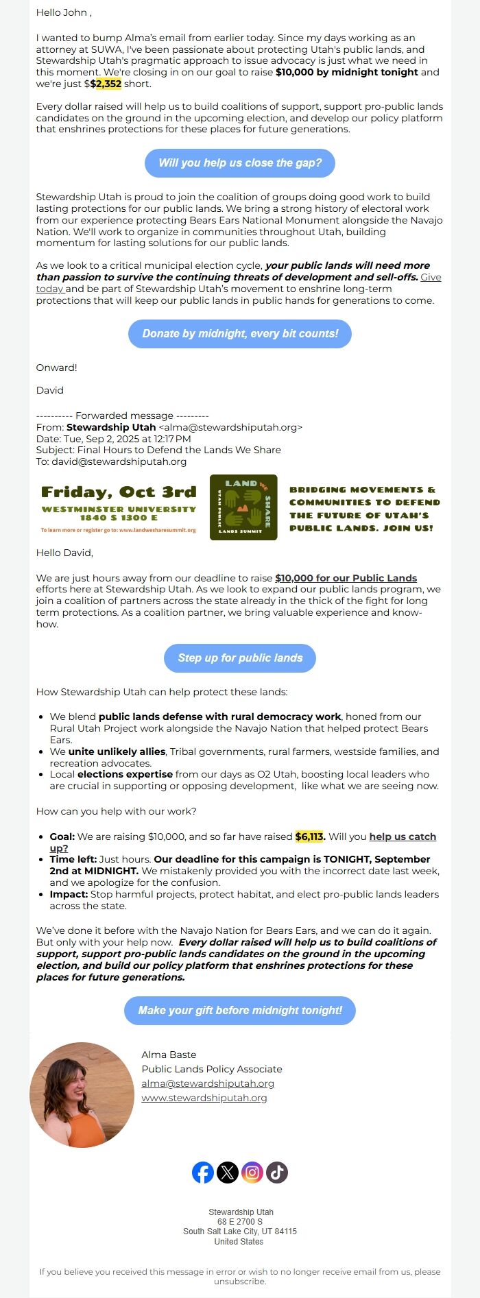 Screenshot of the email generated on import