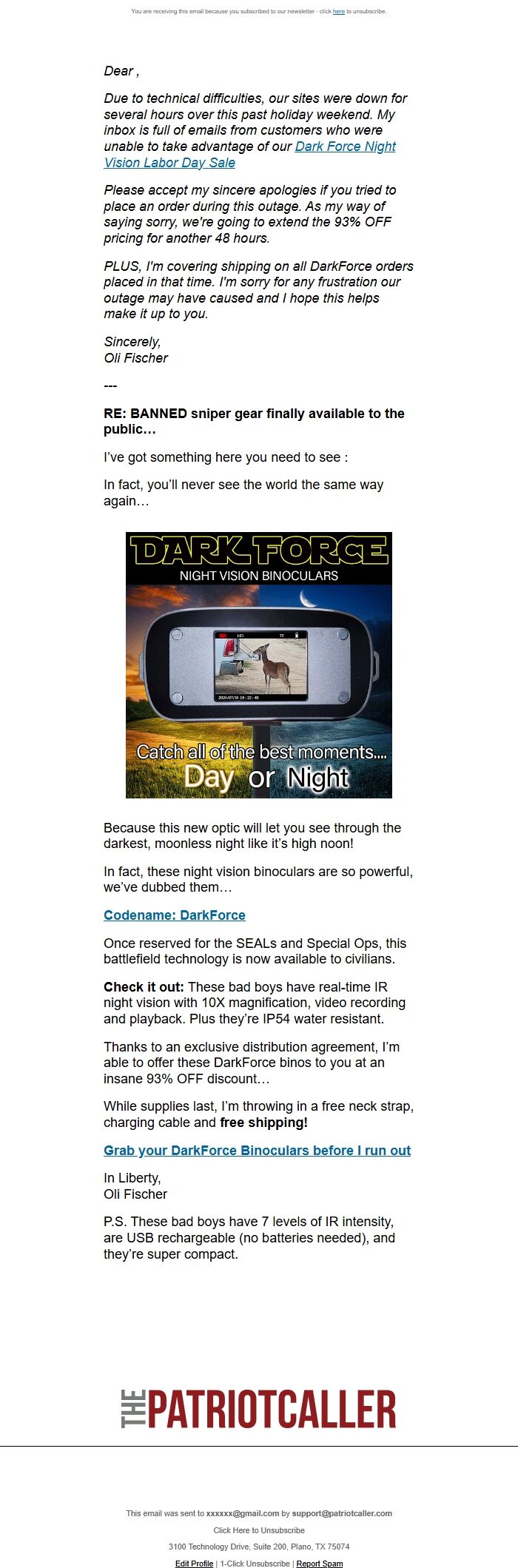 Screenshot of the email generated on import