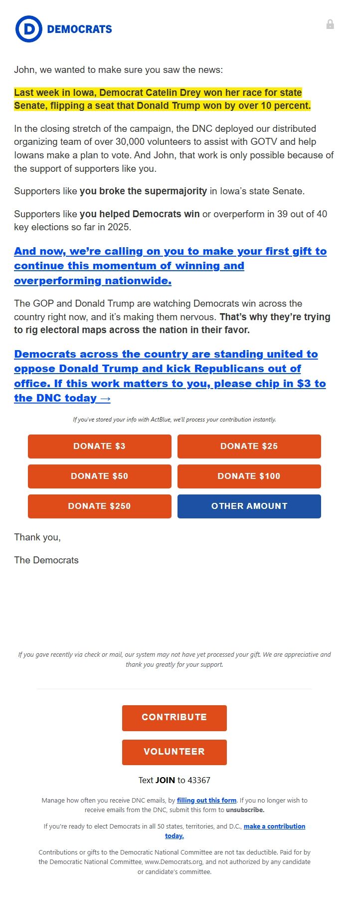 Screenshot of the email generated on import