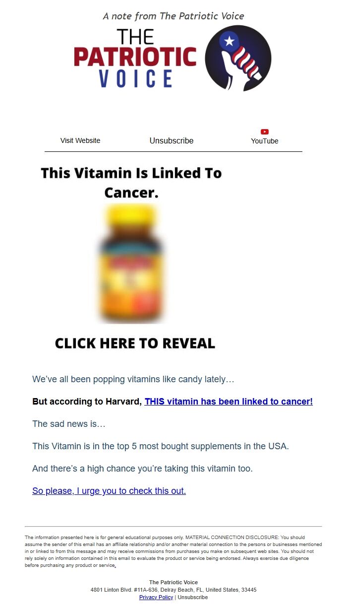 Screenshot of the email generated on import