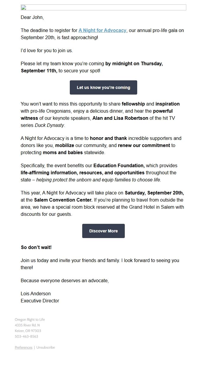 Screenshot of the email generated on import