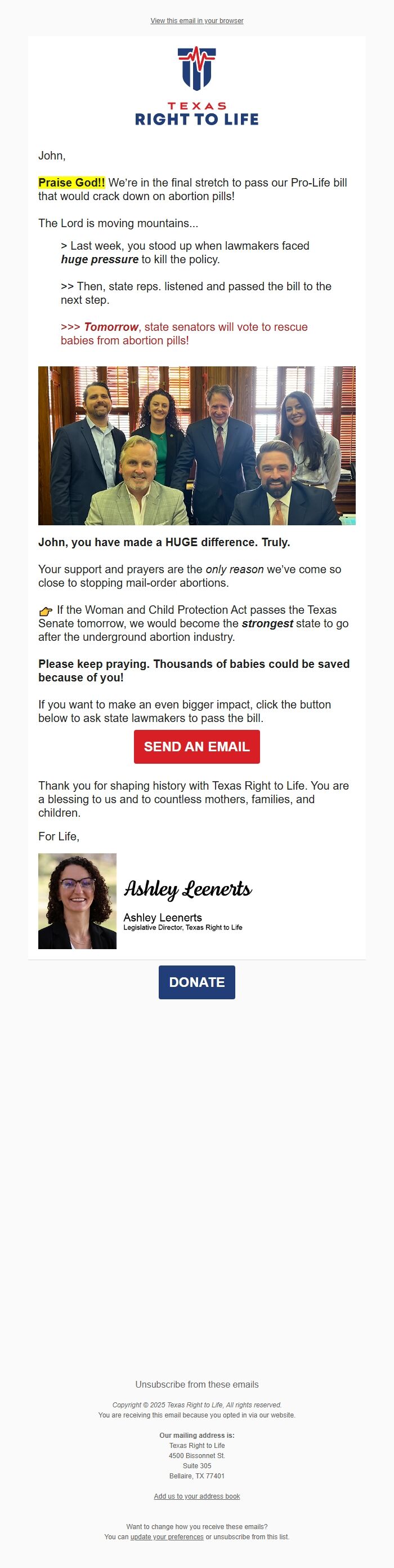 Screenshot of the email generated on import