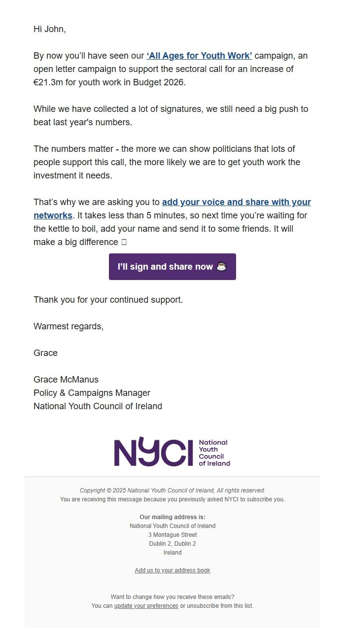 Screenshot of the email generated on import