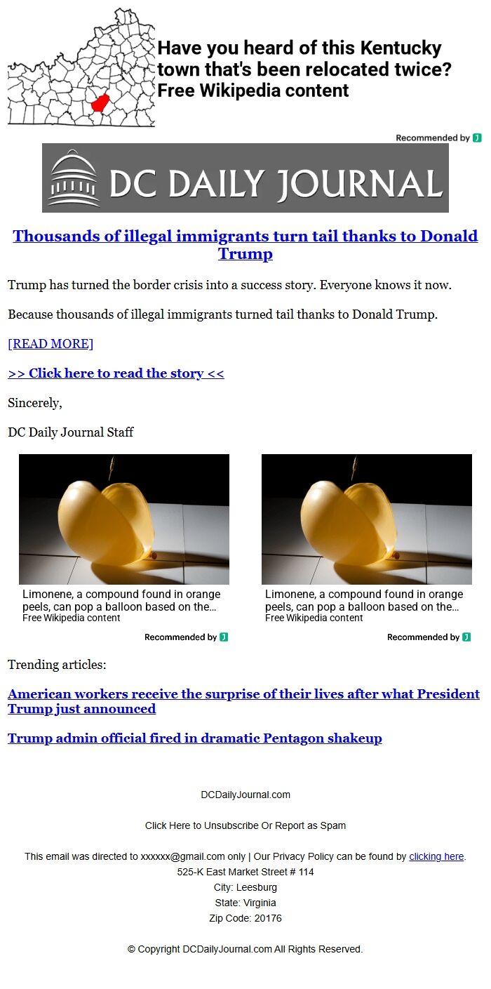 Screenshot of the email generated on import