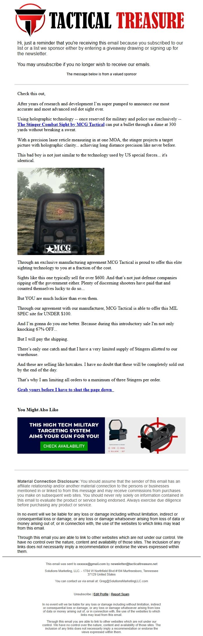 Screenshot of the email generated on import