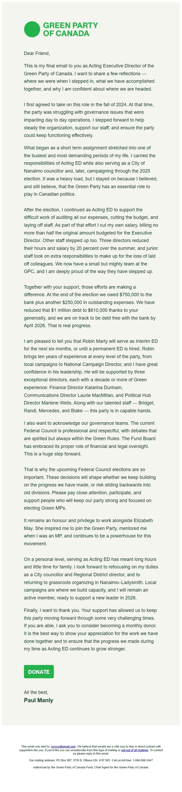 Screenshot of the email generated on import