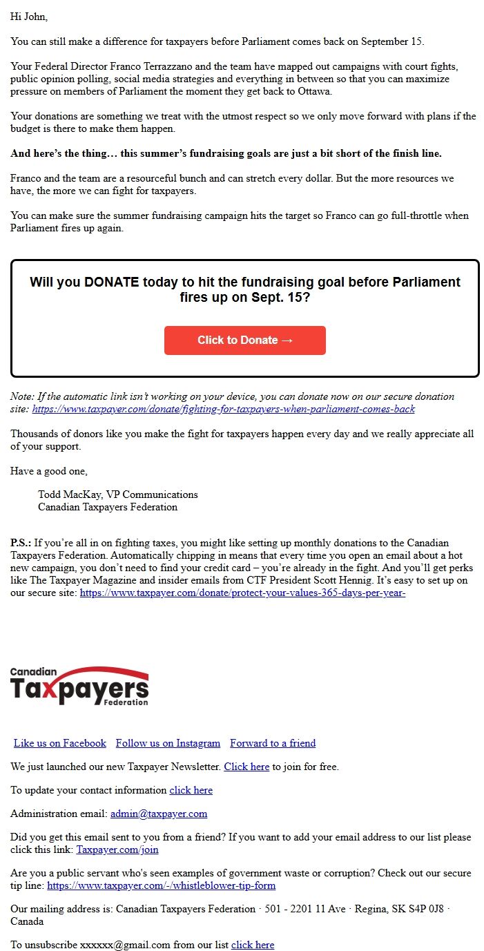 Screenshot of the email generated on import