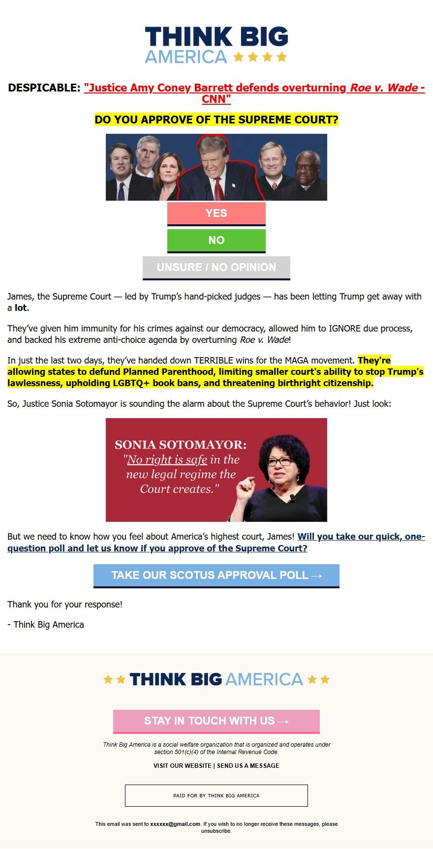 Screenshot of the email generated on import