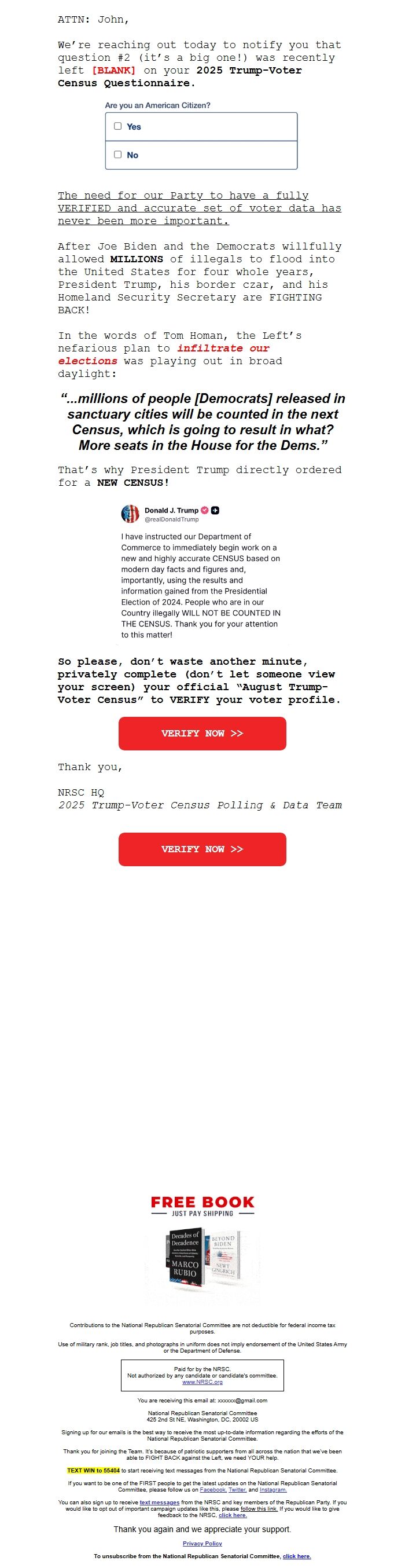 Screenshot of the email generated on import