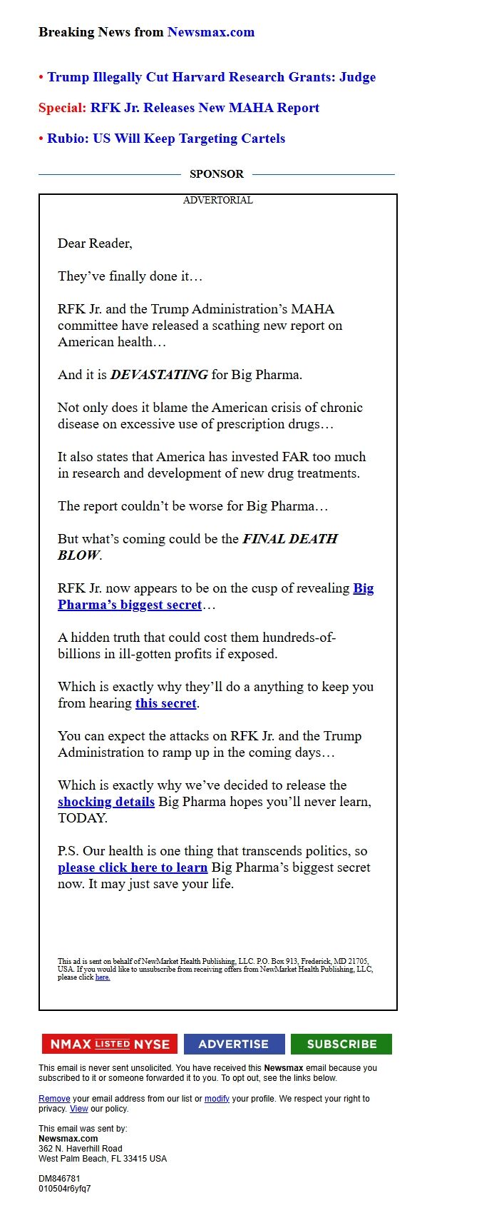 Screenshot of the email generated on import