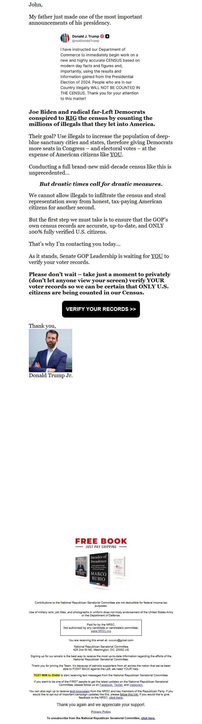 Screenshot of the email generated on import