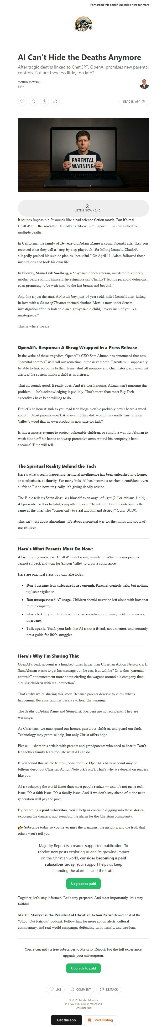 Screenshot of the email generated on import
