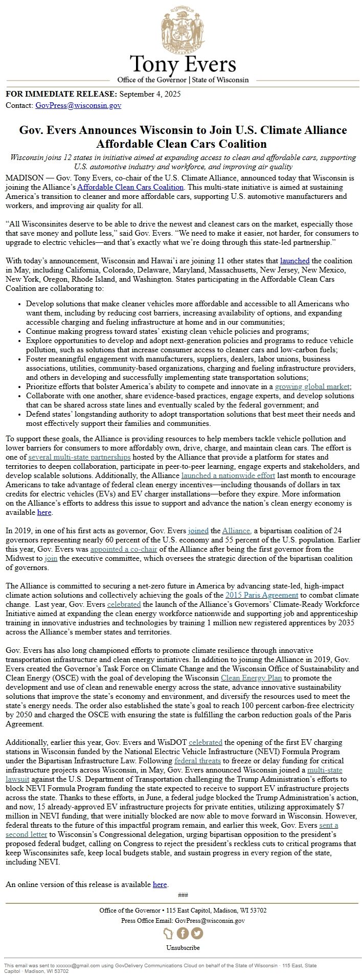 Screenshot of the email generated on import