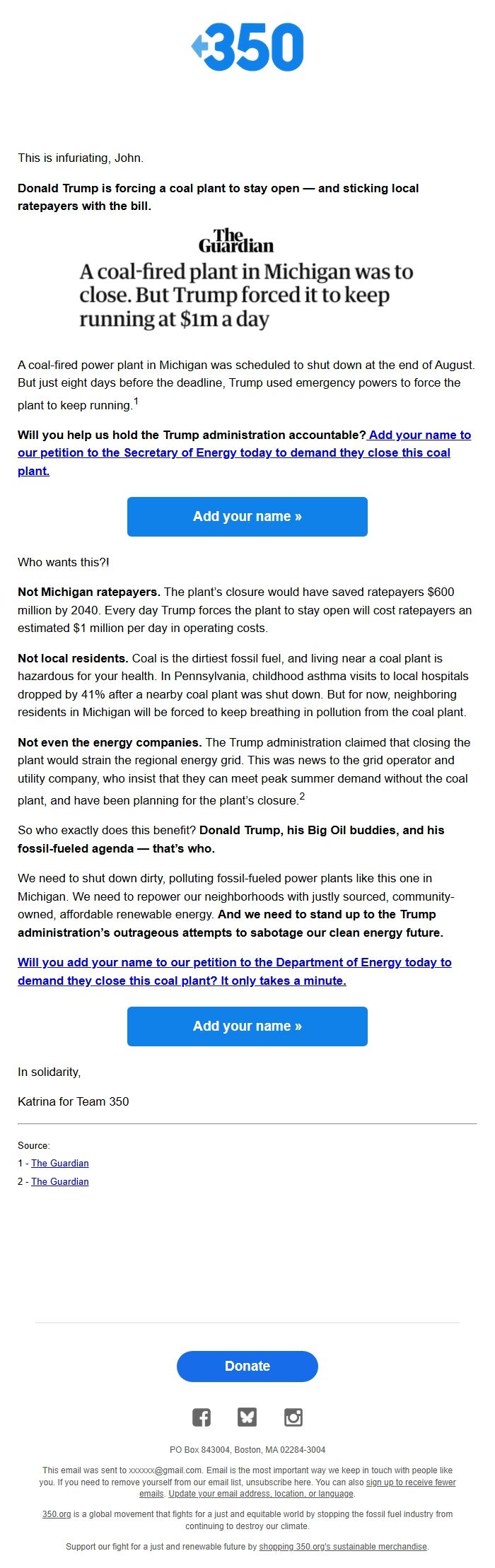 Screenshot of the email generated on import