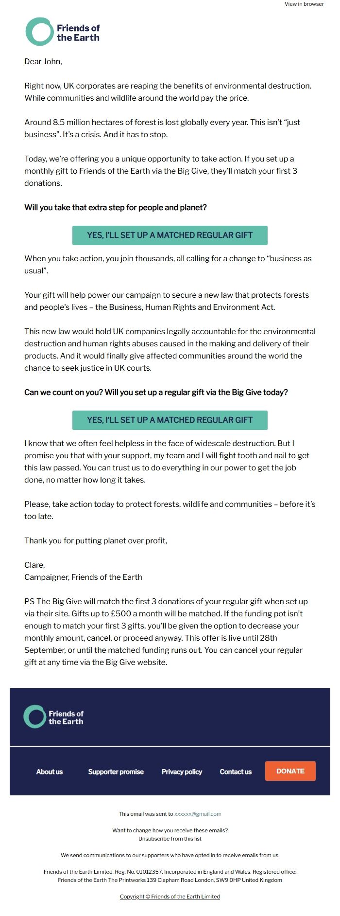 Screenshot of the email generated on import