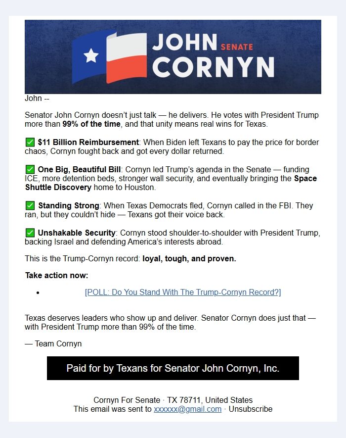 Screenshot of the email generated on import