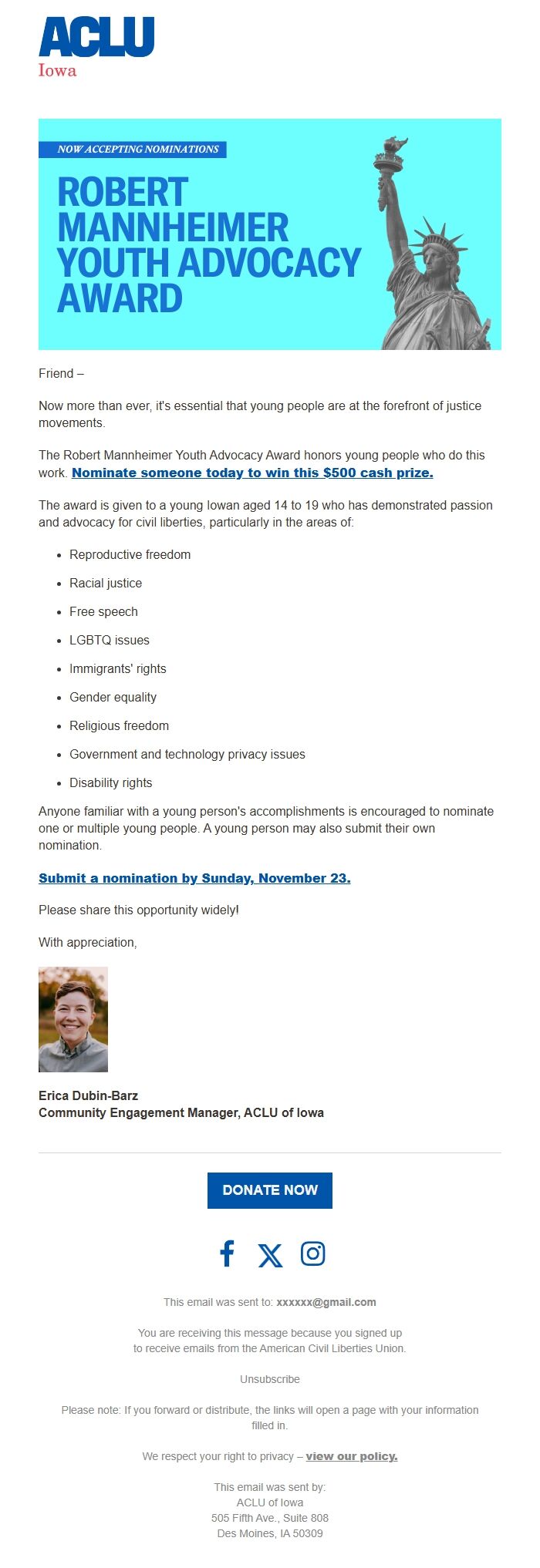 Screenshot of the email generated on import