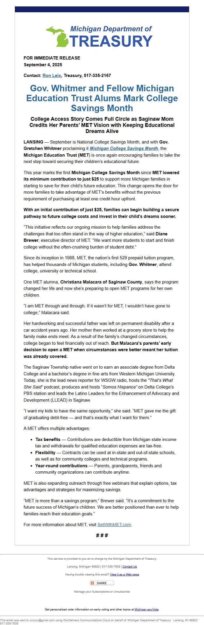 Screenshot of the email generated on import