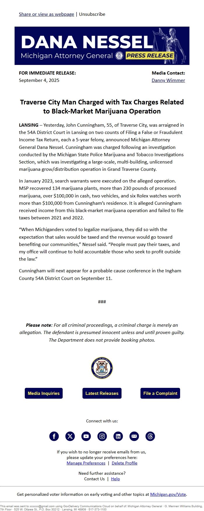 Screenshot of the email generated on import