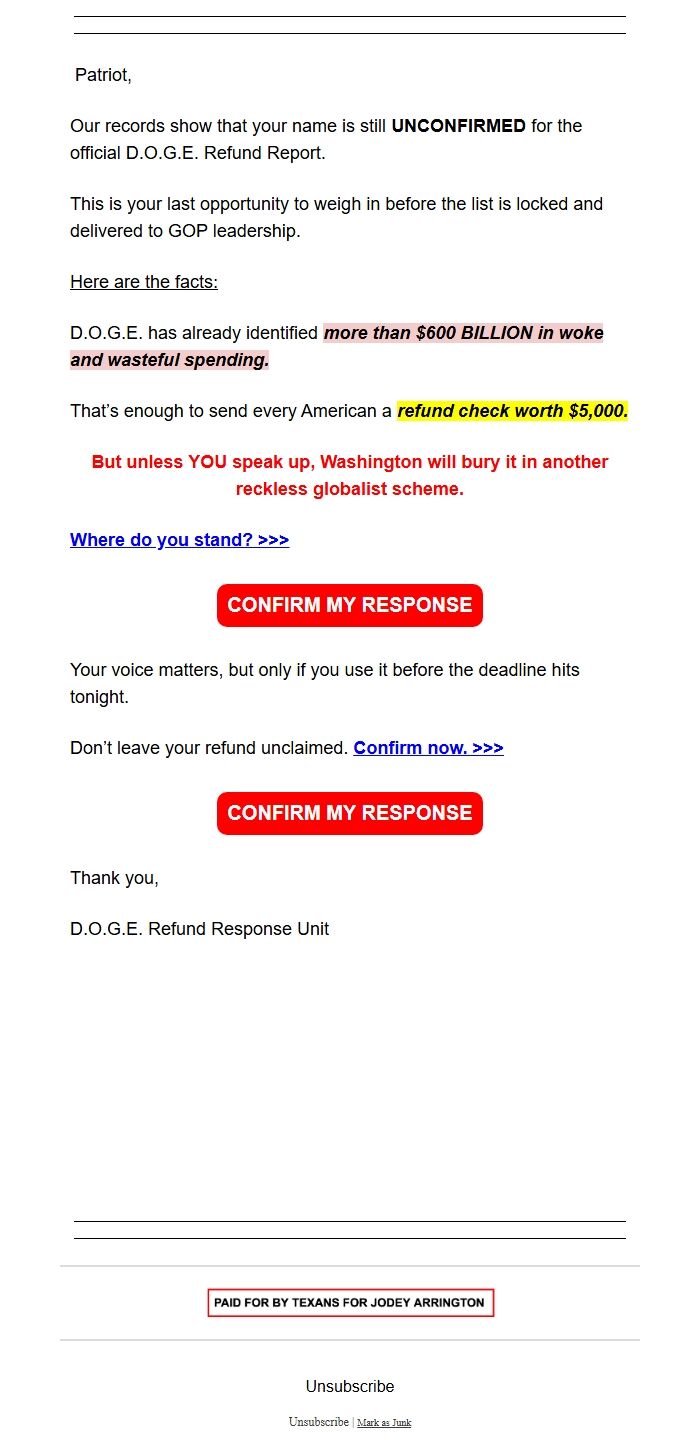 Screenshot of the email generated on import