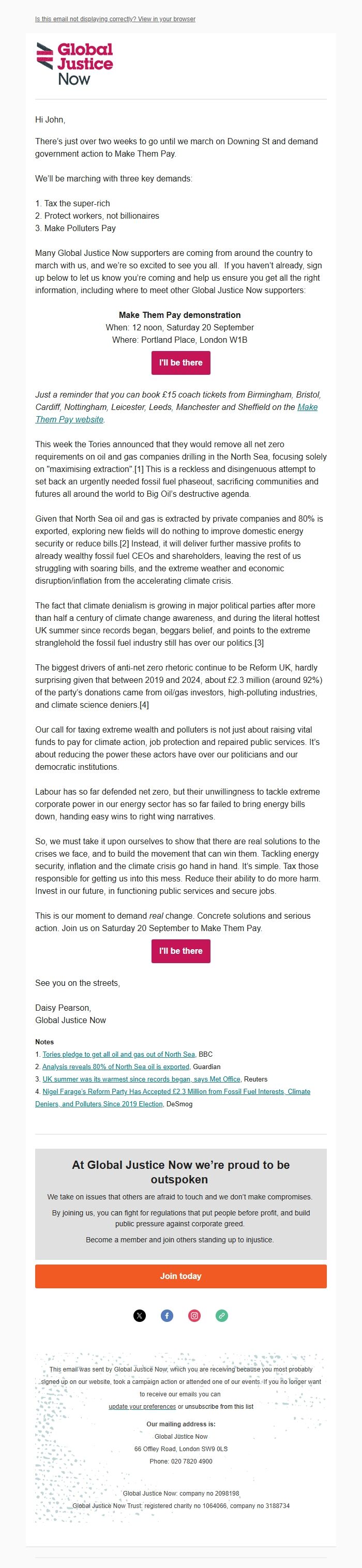 Screenshot of the email generated on import