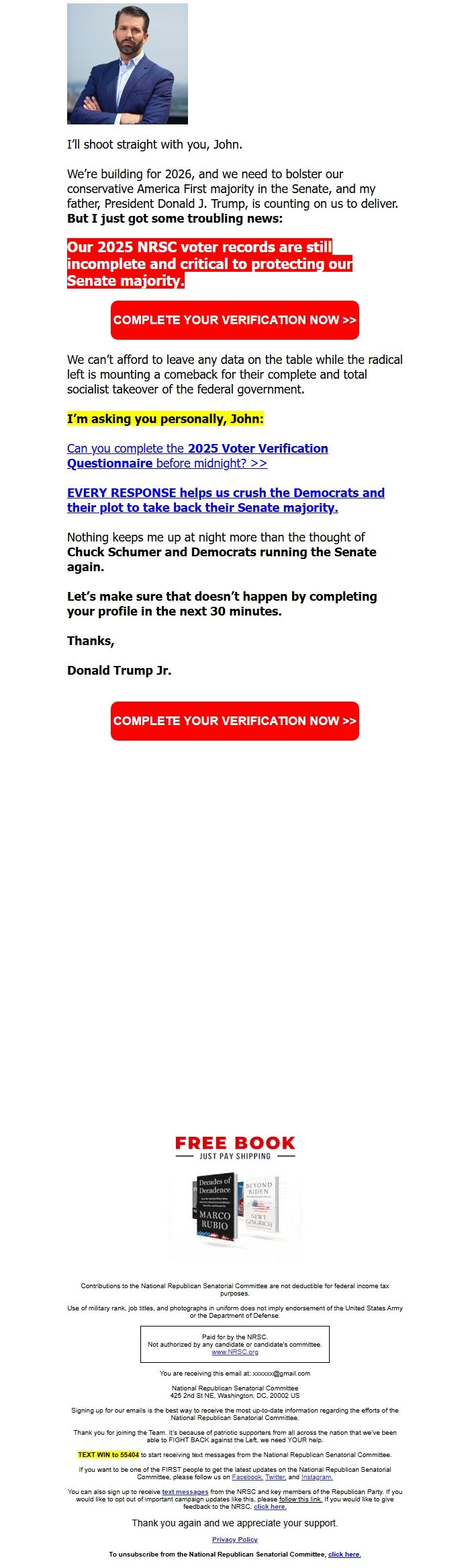 Screenshot of the email generated on import