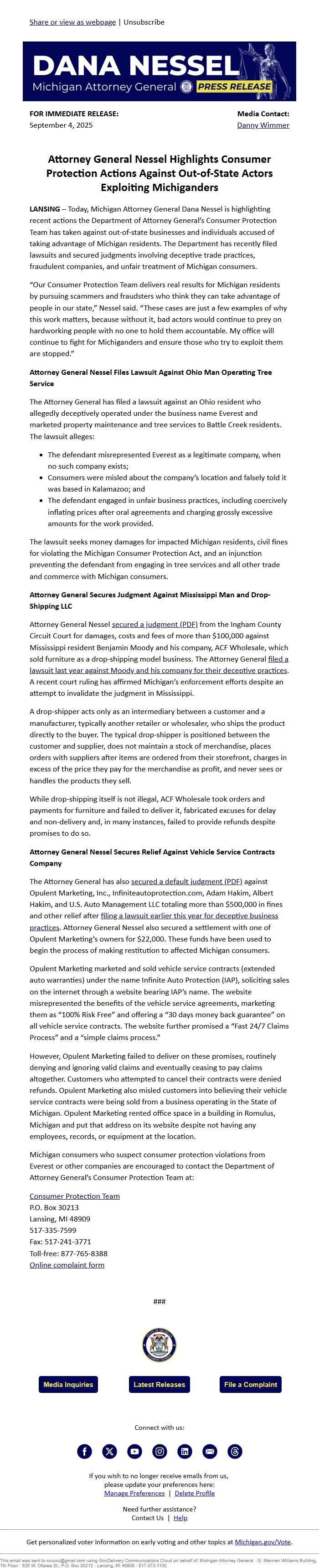 Screenshot of the email generated on import