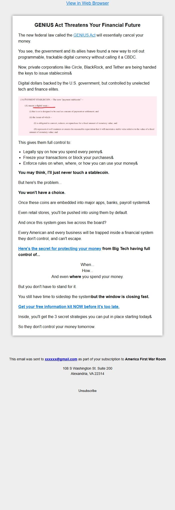 Screenshot of the email generated on import