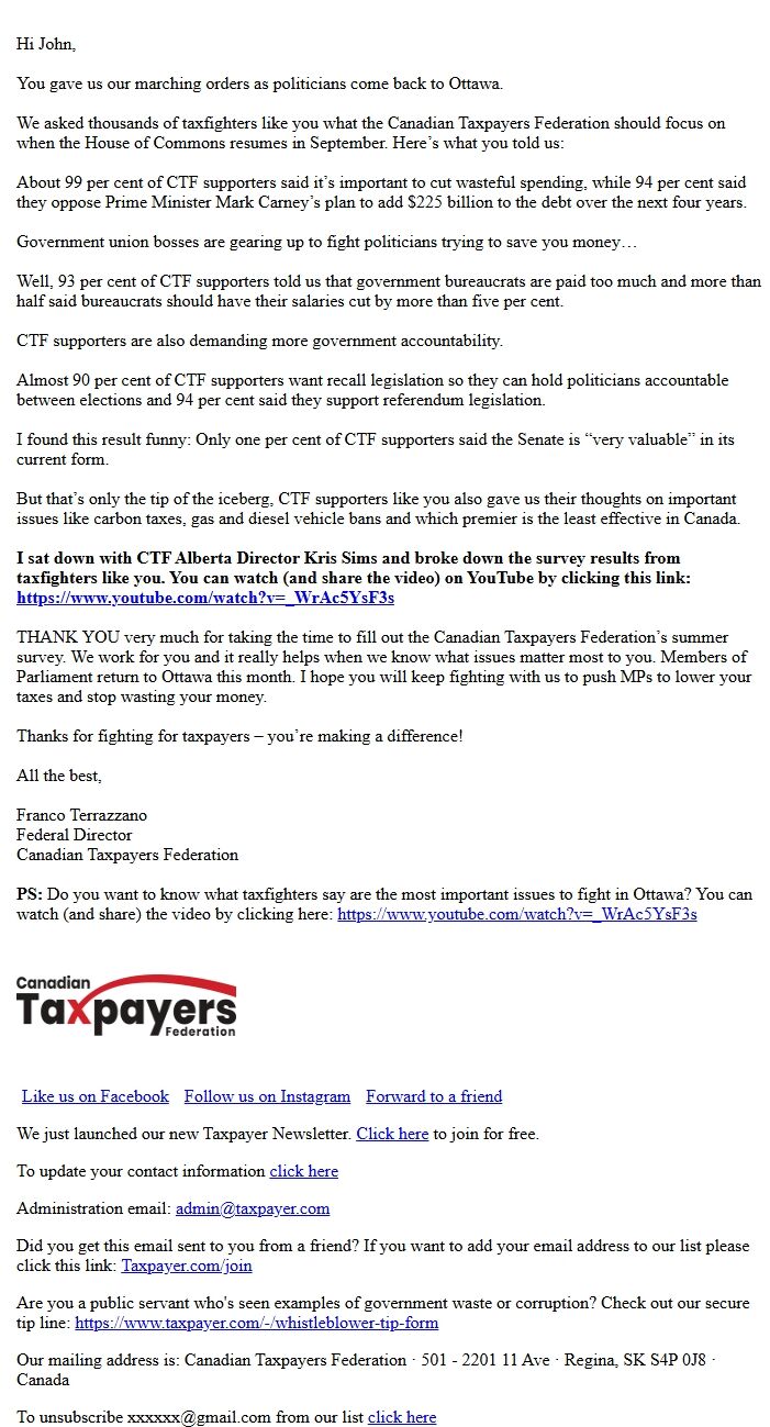 Screenshot of the email generated on import