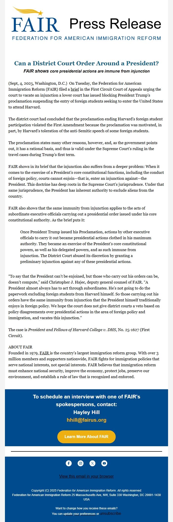 Screenshot of the email generated on import