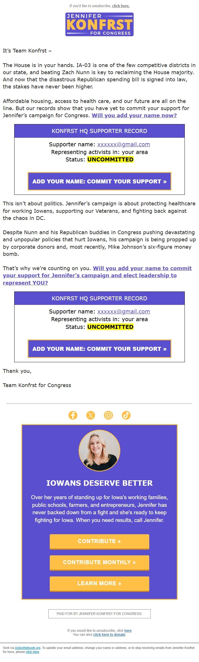 Screenshot of the email generated on import
