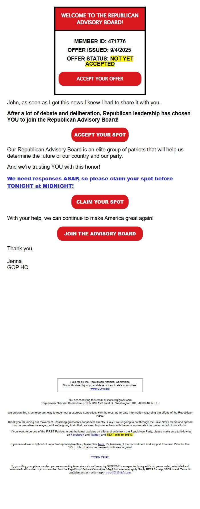 Screenshot of the email generated on import