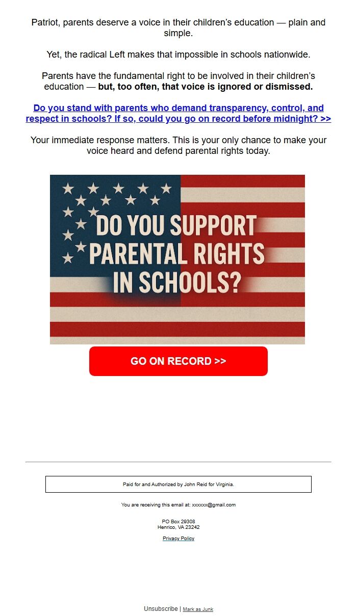 Screenshot of the email generated on import