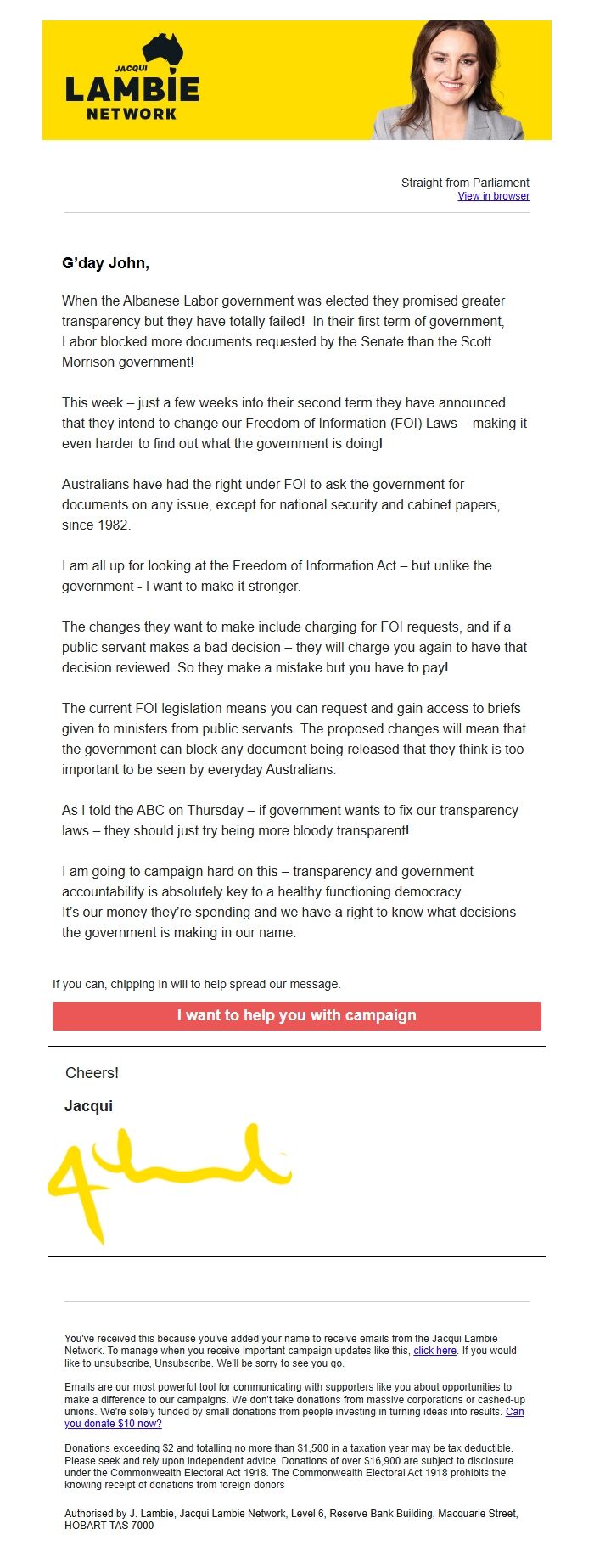 Screenshot of the email generated on import