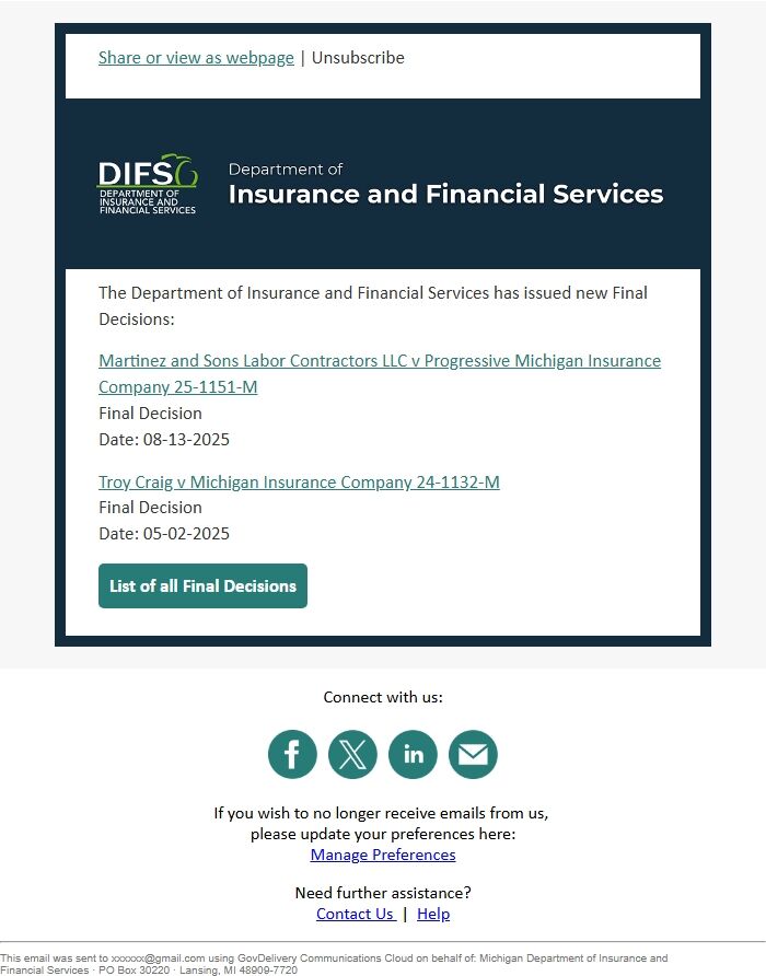 Screenshot of the email generated on import
