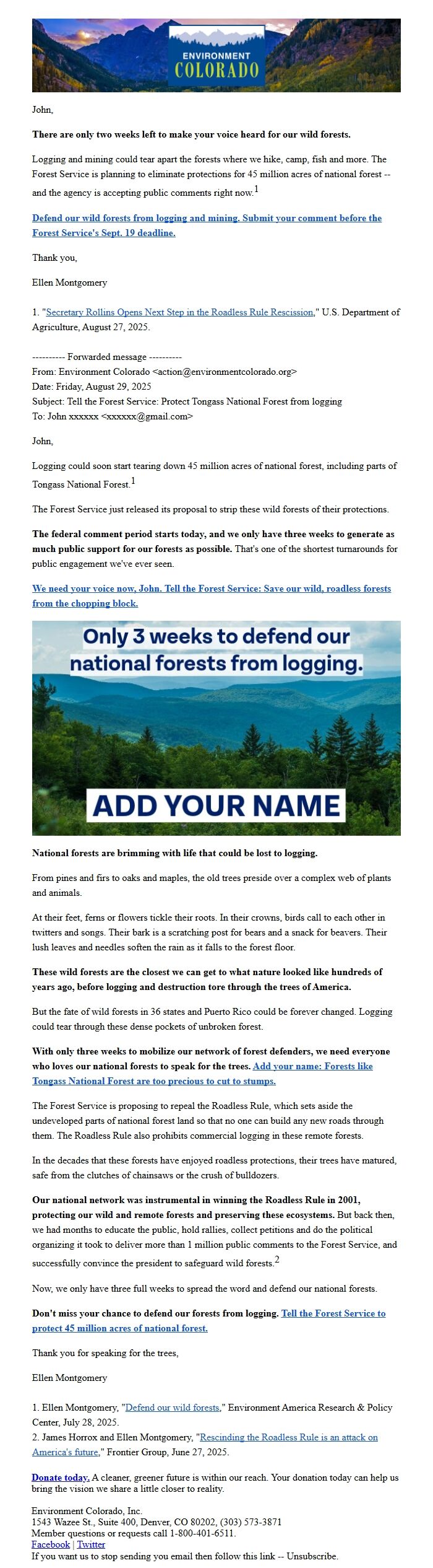 Screenshot of the email generated on import
