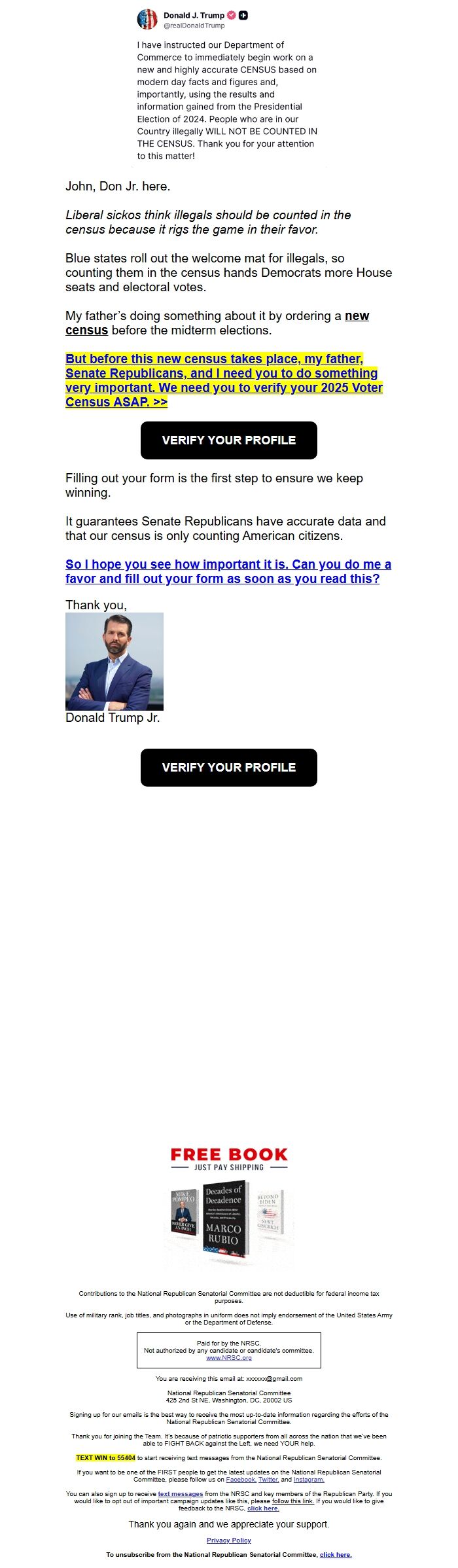 Screenshot of the email generated on import