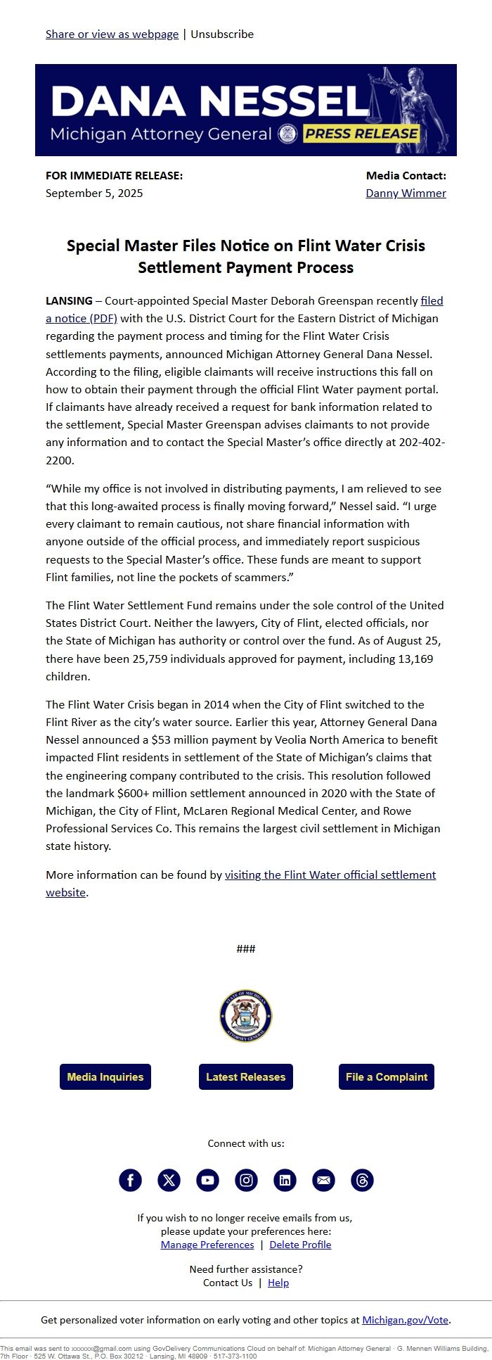 Screenshot of the email generated on import