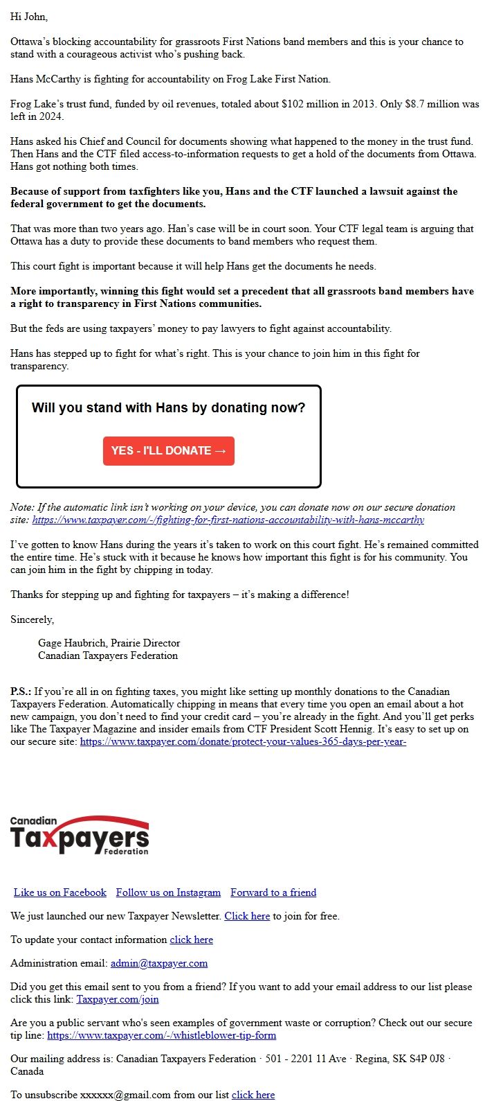 Screenshot of the email generated on import