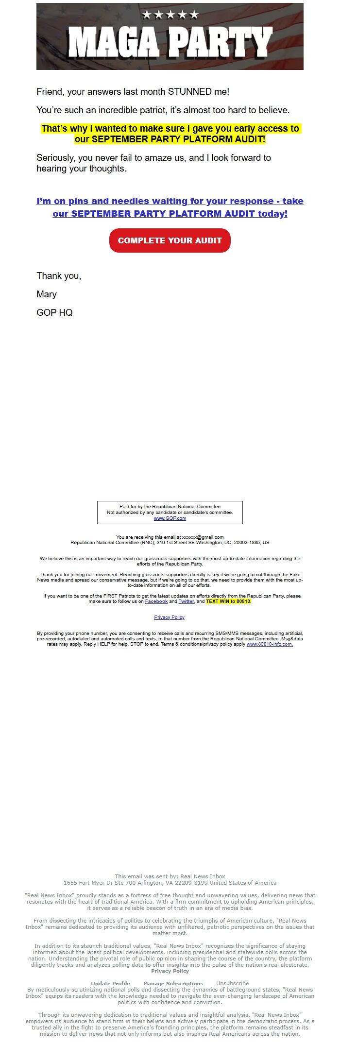 Screenshot of the email generated on import