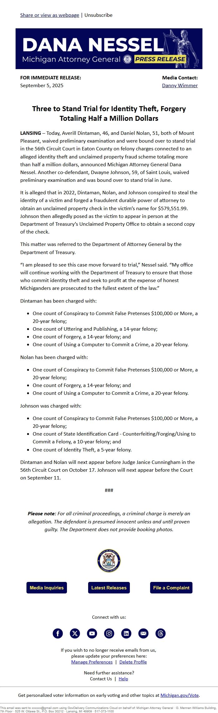 Screenshot of the email generated on import