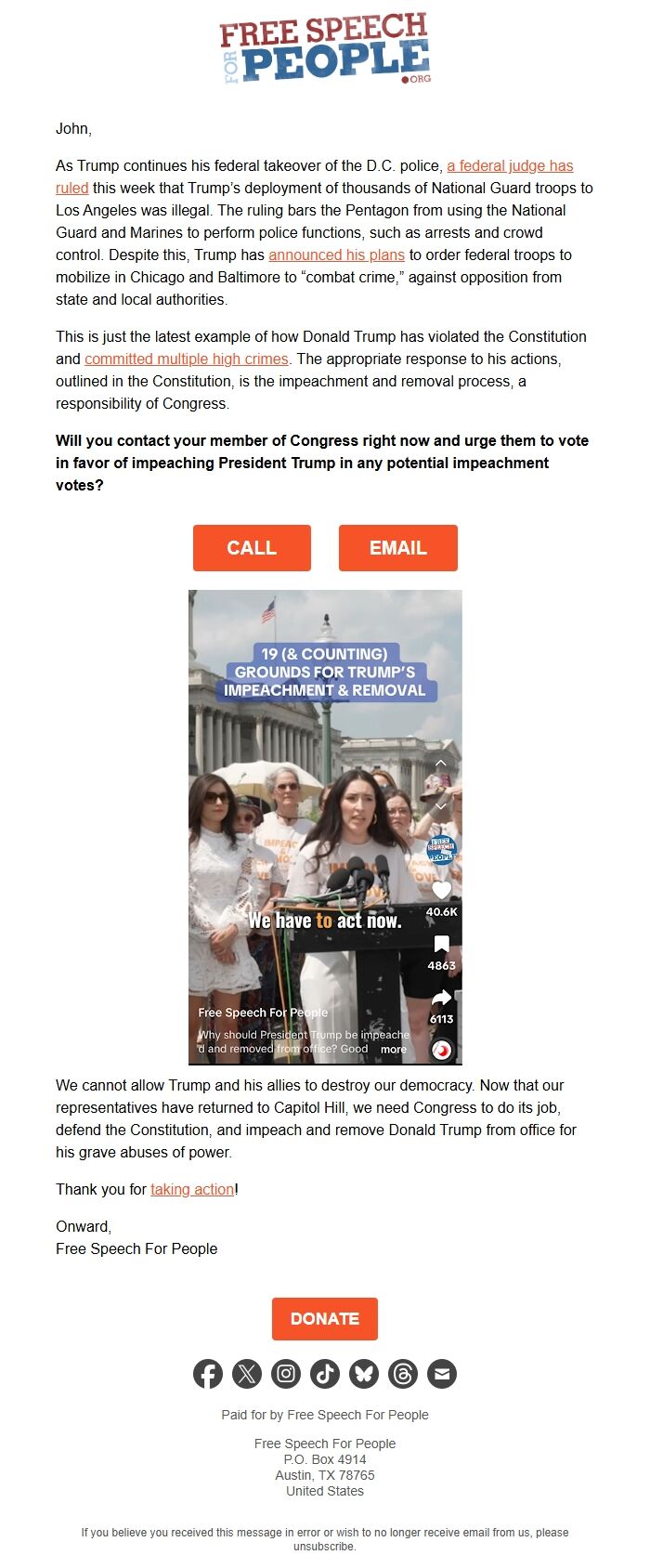 Screenshot of the email generated on import