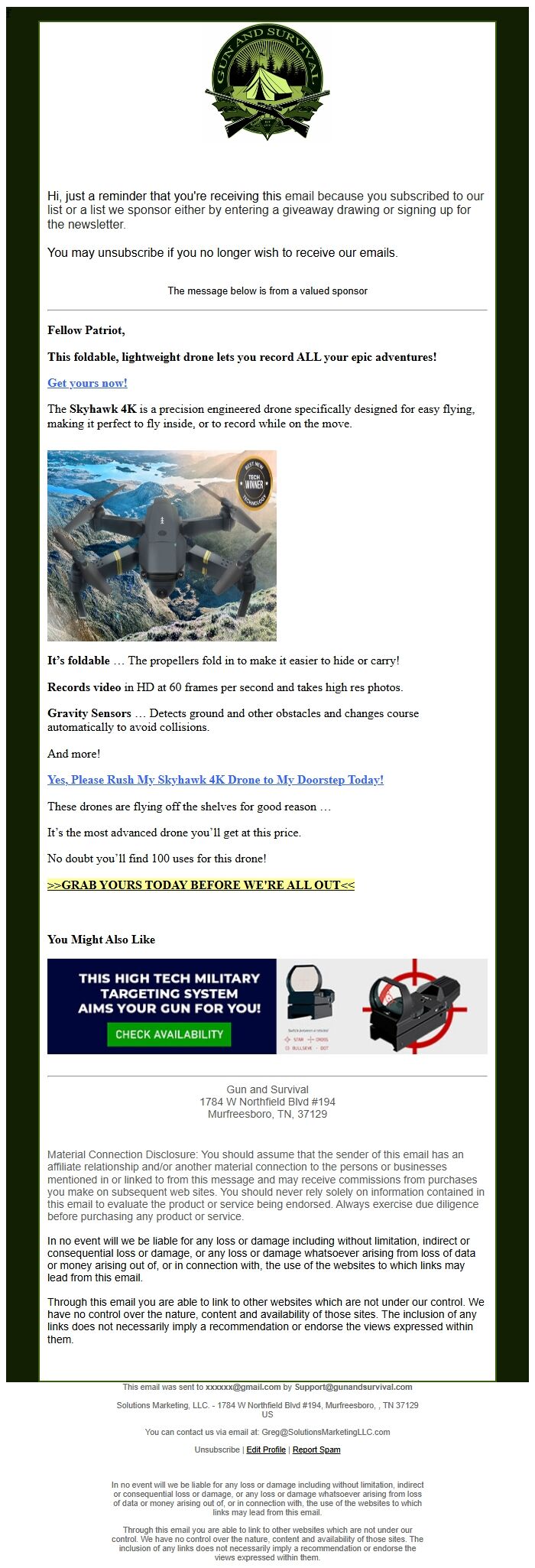 Screenshot of the email generated on import