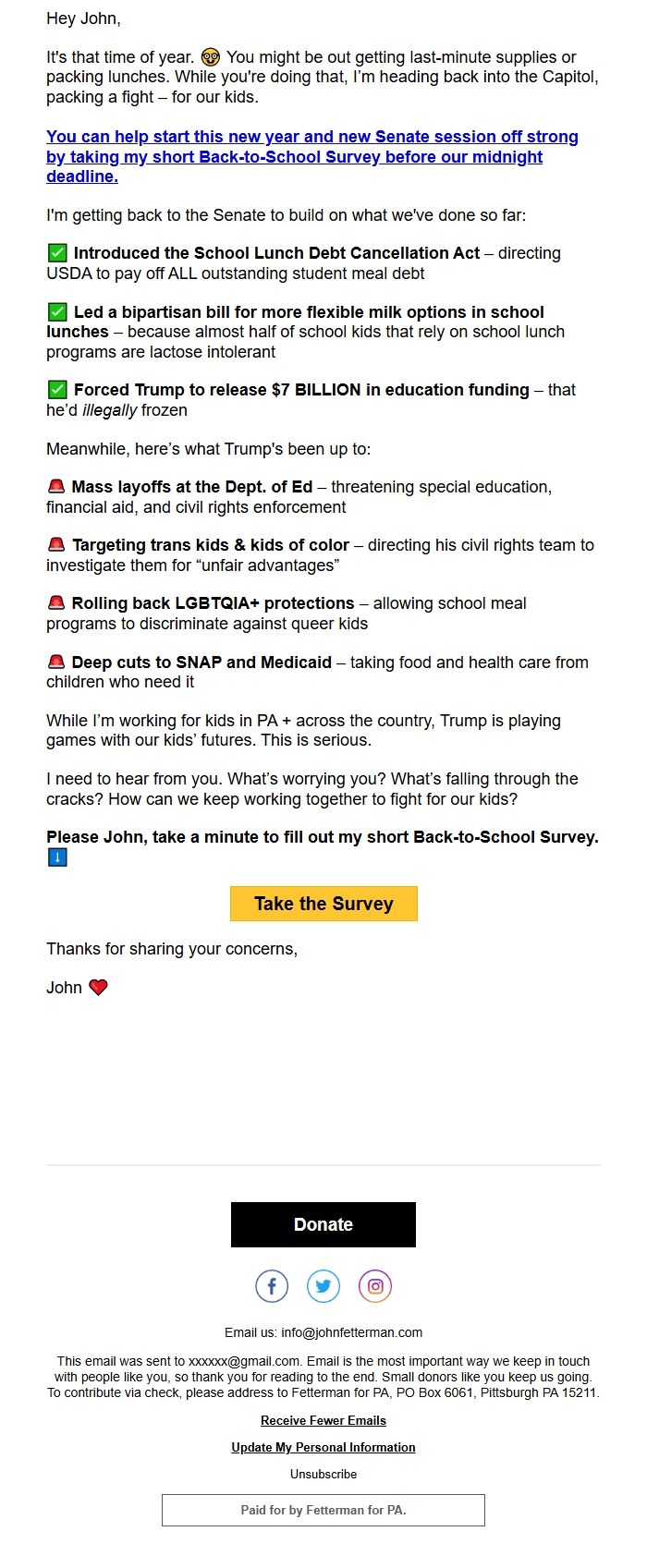 Screenshot of the email generated on import