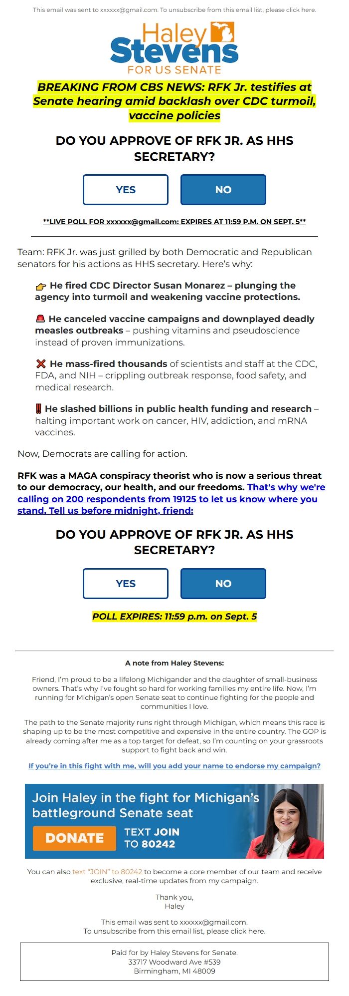 Screenshot of the email generated on import