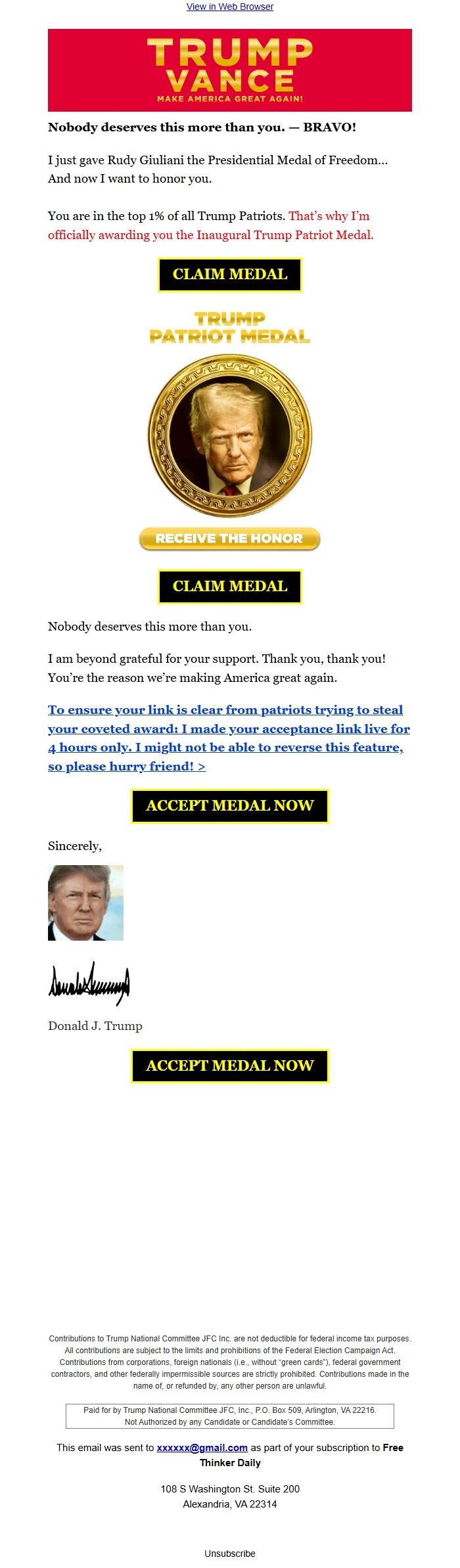 Screenshot of the email generated on import