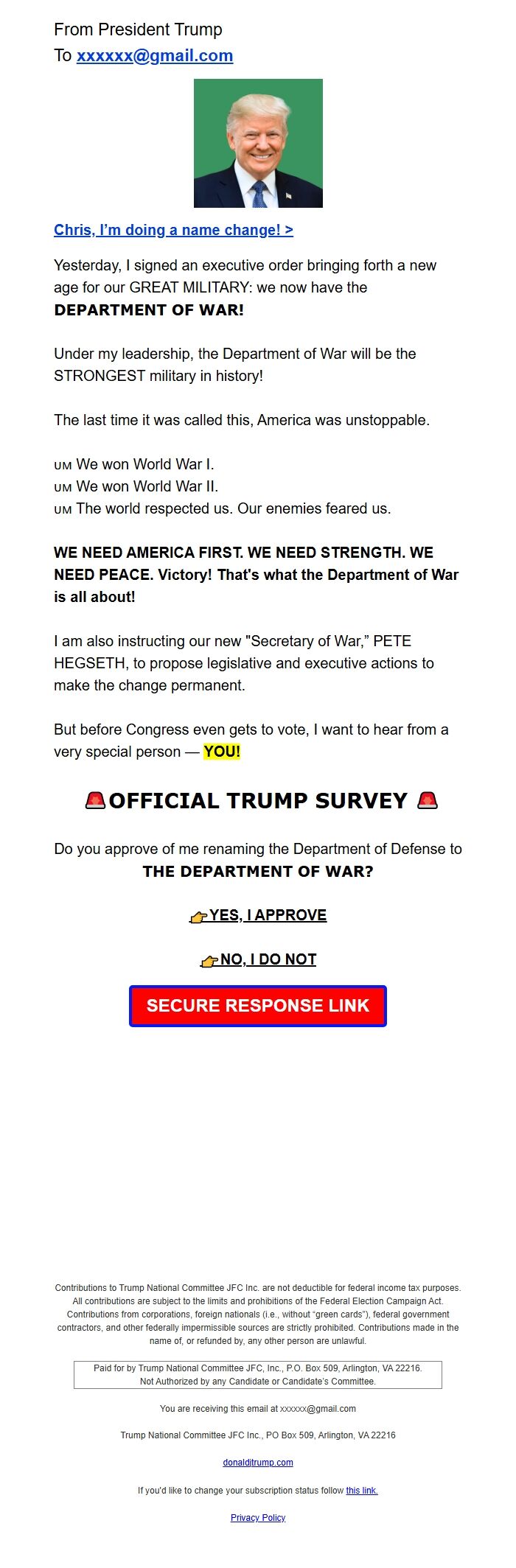 Screenshot of the email generated on import